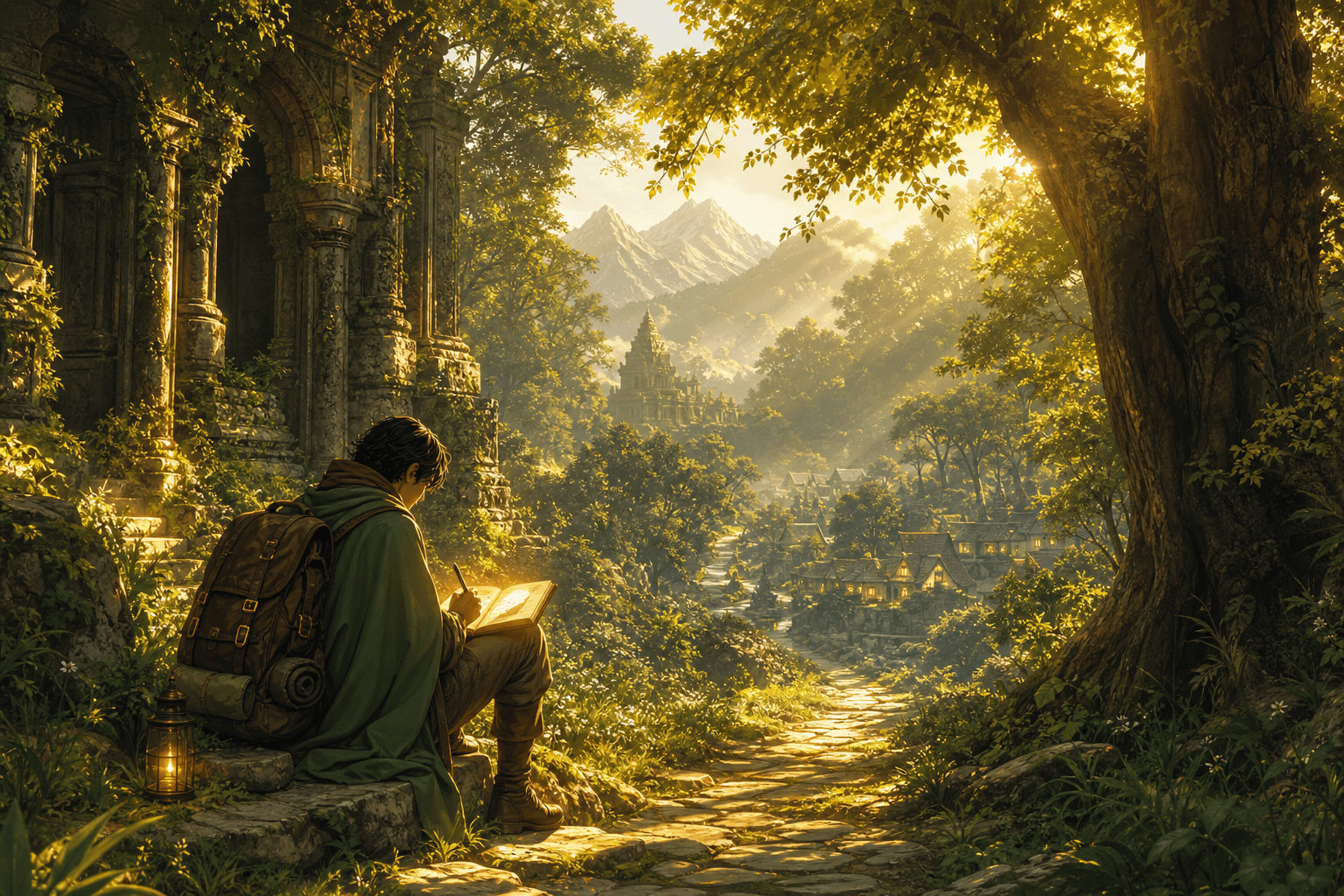 Enchanted forest with an explorer and glowing journal